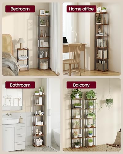 VASAGLE Rustic Brown & Ink Black 6-Tier Storage Shelf Bookcase with 15" Width