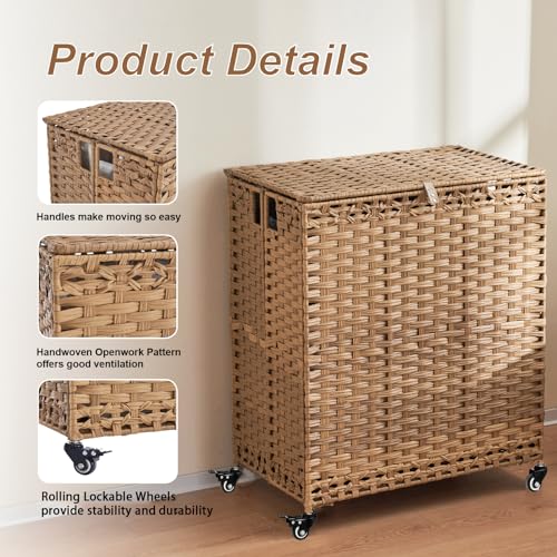 Natural Laundry Hamper with Wheels & Lid, 50.2 Gallons, 3-Section Rattan Basket