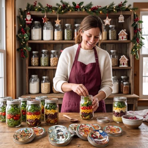 PullCrease 120 Pack Christmas Mason Jar Lids with Holiday Designs - Regular Mouth, Reusable, 70mm