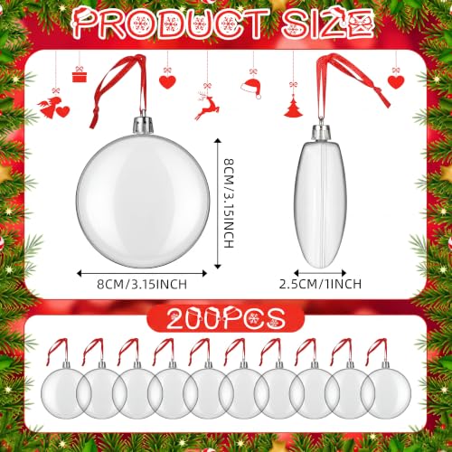 200 Pcs Clear Fillable Plastic Christmas Ornament Balls - Holiday Decorations
