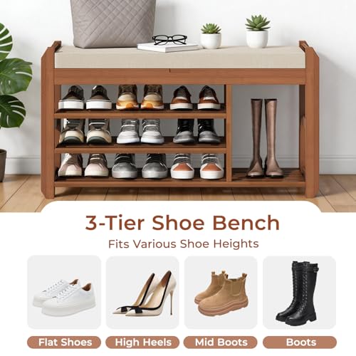 39.4-Inch Entryway Shoe Rack Bench with Adjustable Shelves and Cushioned Seat - Natural Bamboo