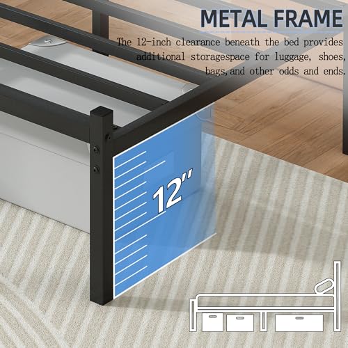 Full Size Bed Frame - Modern Black Steel Platform Bed with Storage