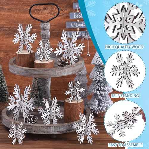 16 Pcs 3D Snowflake Christmas Table Decorations, Wooden White Winter Snowflake Christmas Decor Tabletop Centerpiece Signs for Xmas Festival Home Party Decoration (3 Sizes)