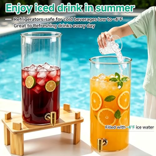 2-Gallon Beverage Dispenser Set with Bamboo Stand, Large Glass Drink Containers for Parties