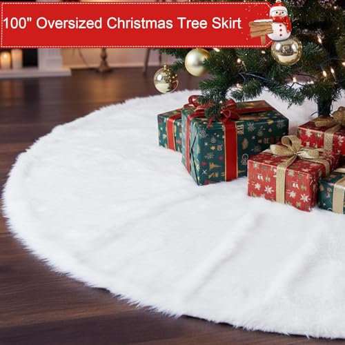 Jenaai 100'' White Faux Fur Christmas Tree Skirt - Classic Holiday Decor
