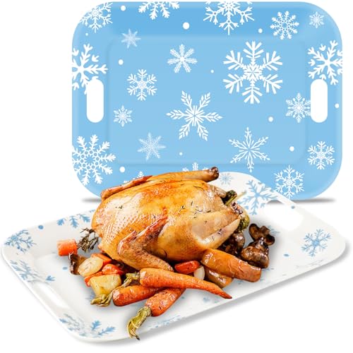 2Pcs Blue White Snowflake Melamine Serving Trays 16x11in - Winter Rectangular Platters with Handles