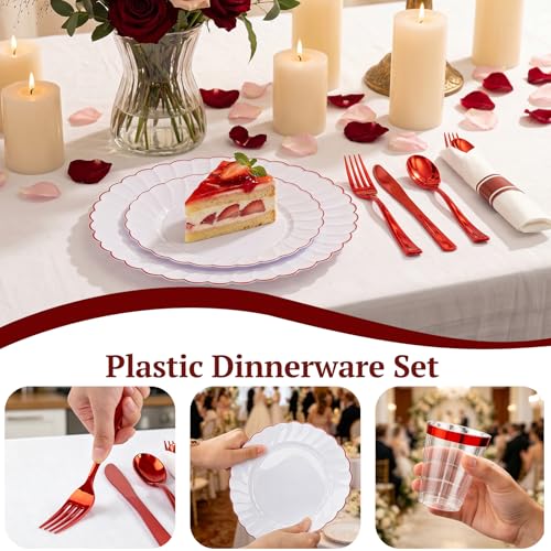 YOUBET 350PCS White and Red Scalloped Plastic Plates for Weddings (Red Variant)
