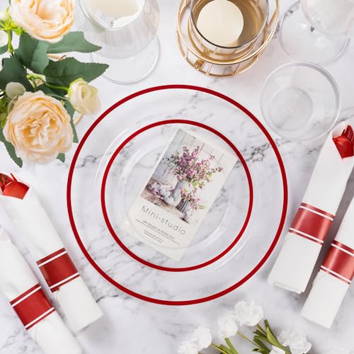 Goodluck 175 Pcs Red Disposable Dinnerware Set for 25 Guests - Clear Plastic Plates & Utensils