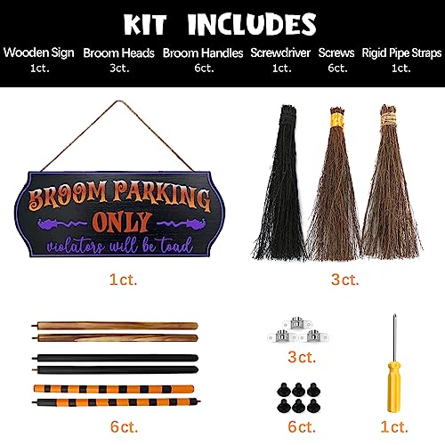 Halloween Broom Parking Sign with 3 Wooden Witch Brooms - Spooky Porch Decor