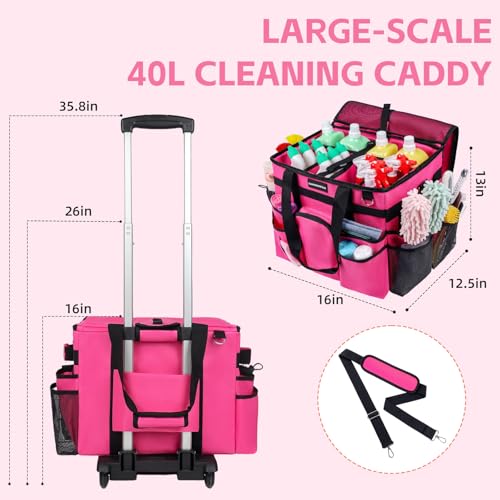 Large Rolling Cleaning Caddy Bag with Wheels & Detachable Trolley - Water Resistant Organizer for Housekeeping, Car, Kitchen, Picnic - Rose-Red