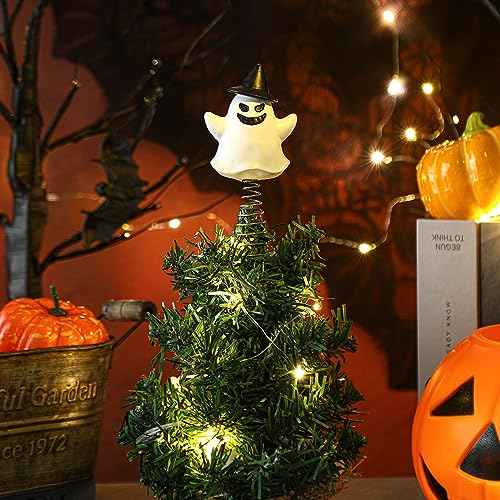 Queekay Christmas Ghost Tree Topper Small Ghost Ornaments 4 Inches Spooky Tree Topper Mini Miniature Christmas Treetop Decoration for Xmas Holiday Party Decor