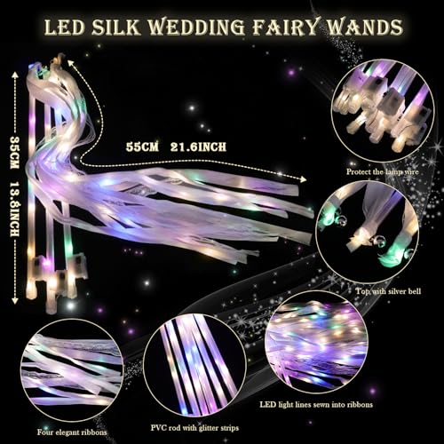 100 Pieces Wedding Light-Up Fairy Wands with Ribbons - Warm White & Multicolor LED