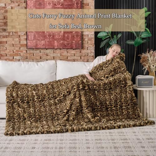 Faux Rabbit Fur Throw Blanket - Leopard Brown, 50x60 Inches, Super Thick & Cozy