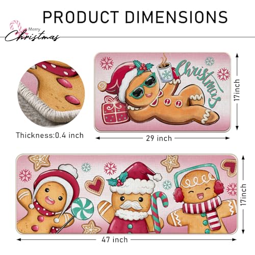 Christmas Gingerbread Man Kitchen Rugs Set of 2 - 17x29 & 17x47 Inches, Non-Slip Holiday Decor