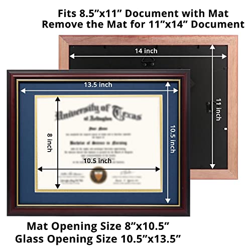 GraduationMall Cherry Wood Diploma Frame with Gold Trim - Navy Mat or No Mat, 8.5x11 or 11x14 Display