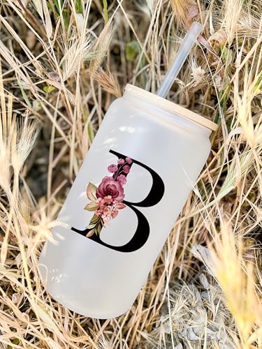 Personalized Monogram Frosted Glass Tumbler with Straw & Lid - Initial R, Custom Coffee Cup Gift for Women