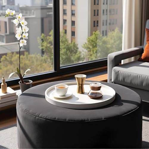 20 Inch Round Ottoman Tray - Faux Leather Large Serving for