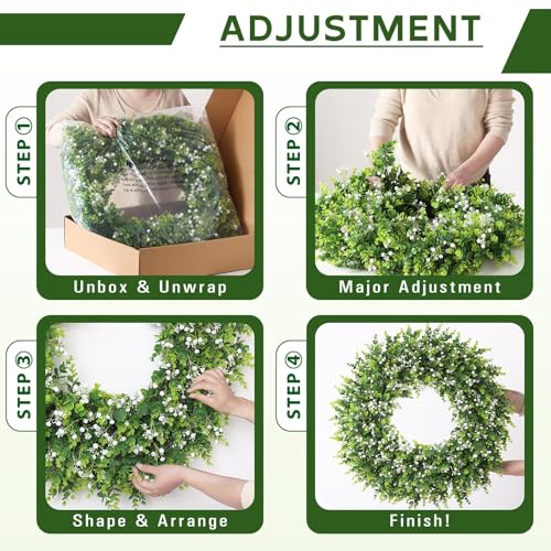 32-Inch Artificial Eucalyptus Wreath with Flowers for Front Door - White-Green, FOTEEWL