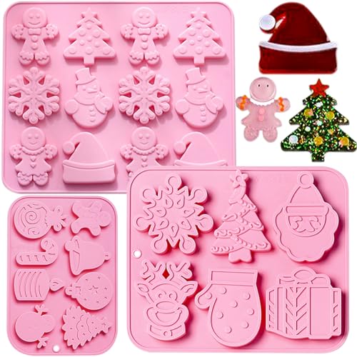 JHYlilia 3Pcs Xmas Pink Silicone Cookie Molds – 26 Cavities Holiday Candy & Chocolate Molds