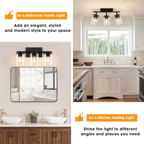 Black 3-Light Semi Flush Ceiling Light with Glass Shades - Adjustable Track Mount