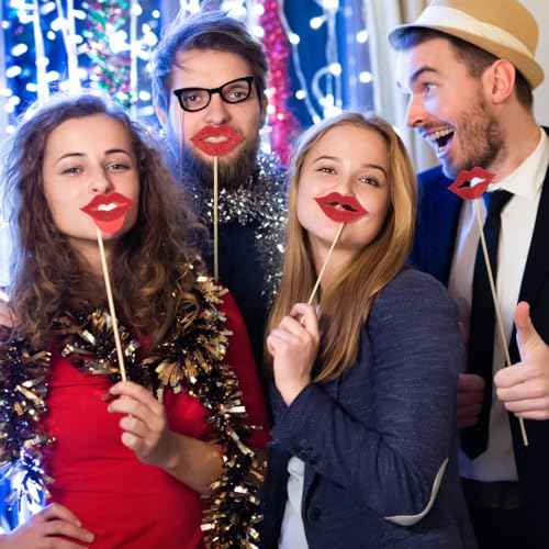 Amosfun 20pcs Red Lips Photo Booth Props Tea Party Decorations Glitter Photo Props for Wedding Anniversary Birthday Party Cake Decoration