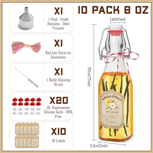 8 oz Square Glass Vanilla Extract Bottles Set - 10 Pack with Swing Tops, Labels & Funnel - Variation of 10PC 8oz Square Bottle