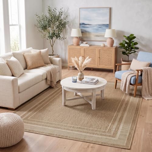 Washable 5x7 Solid Jute-Style Rug for Bedroom & Living Room Bordered Variation