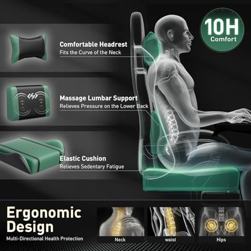 Gaming Chair with USB Massage Lumbar Support - Black & Green High Back Ergonomic Seat