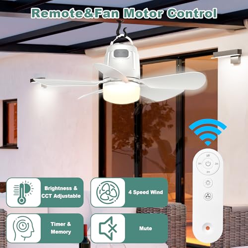 20-Inch Portable Outdoor Ceiling Fan with Light & Remote - White, 20000mAh Battery