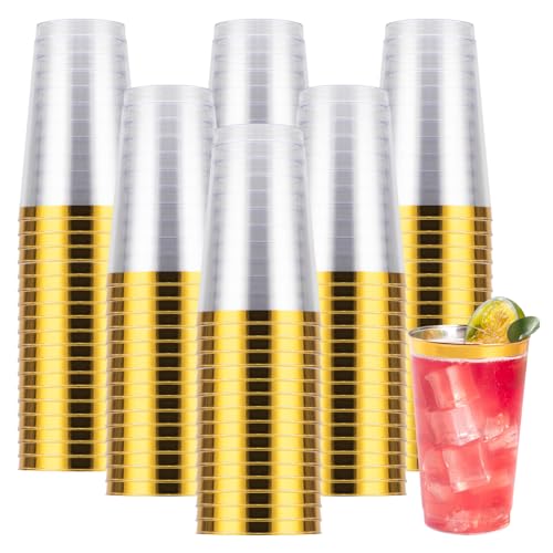 Goodluck 200 Pack 14oz Gold Plastic Cups for Party Disposable Gold Rim Cups
