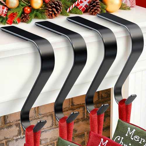 Christmas Stocking Holders for Mantle, Non-Slip & Scratch-Free Stocking Holder Hooks for Fireplace, 4 Pack Lightweight Christmas Stockings Hangers for Mantle Xmas Decor and Home Decorations, Black