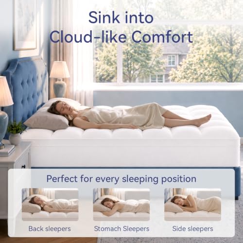 White Queen Mattress Topper Extra Thick Pillow Top Bed Cover - ELEMUSE