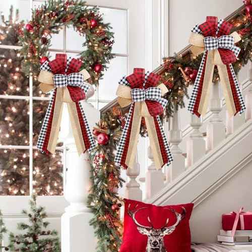 Christmas Bows Tree Topper Red Black White Buffalo Plaid Ornaments Handmade for Wreath Door Burlap Rustic Farmhouse Decoration (Burlap Buffalo Plaid)