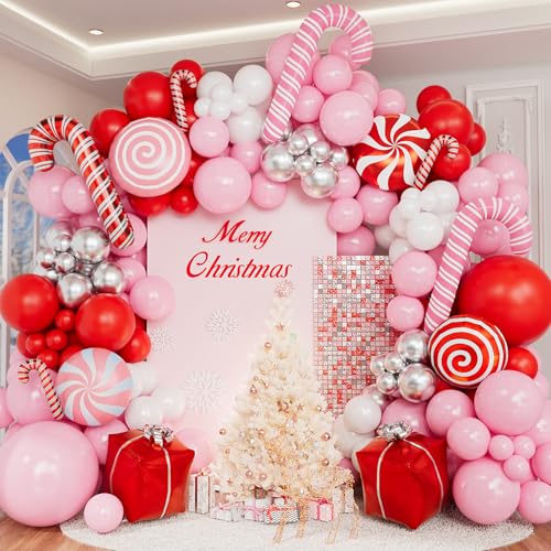 Pink Christmas Balloon Arch Kit 150pcs – Candy Cane & Lollipop Foil Balloons