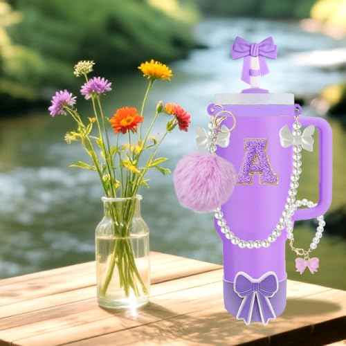 10PCS Purple Stanley Cup Accessories Set for 30oz 40oz Tumbler with Handle, Includes Pearl Strap, Bow Straw Topper & Boot, Decorations Charms, Letter Sticker, Spill Proof Stoppers(A, Purple)