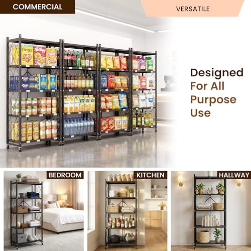 Black 5-Tier Foldable Storage Shelf with Wheels - Collapsible Metal Rack for Kitchen, Pantry & Closet