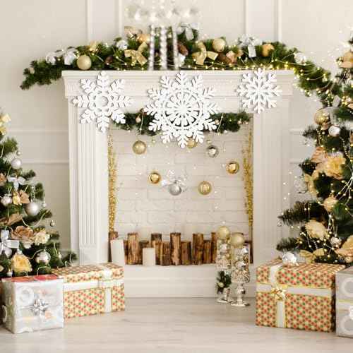 Wooden Large Snowflake Ornaments Sign Christmas Decorations 3Pack, Wood Hollow White Snowflakes Crafts Winter Hanging Plaques Decorations 3 Size of Cutouts New Year Wall Bedroom Living Room Decoration