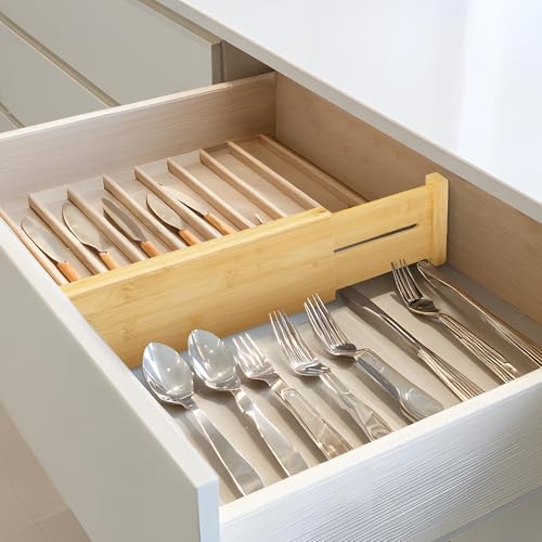 VaeFae 6 Pack Bamboo Drawer Dividers 4 Inch High, Adjustable 16.6-21.8 Inch for Kitchen, Bedroom, Bathroom, Office Storage