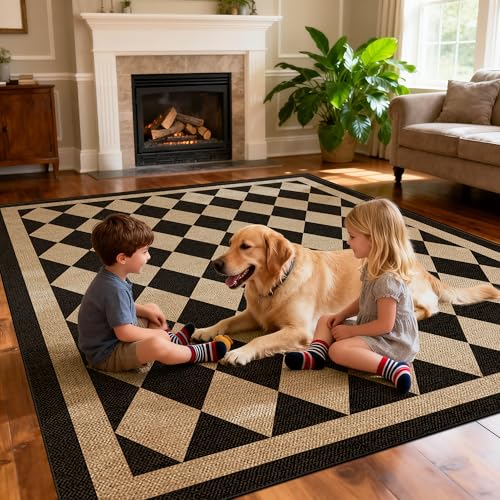 5' x 7' Checkered Jute-Style Indoor Outdoor Rug - Black, Washable, Lightweight