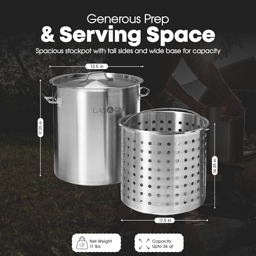 Gas One 36QT Stainless Steel Stockpot with Lid & Basket - Heavy-Duty Kitchen Cooking