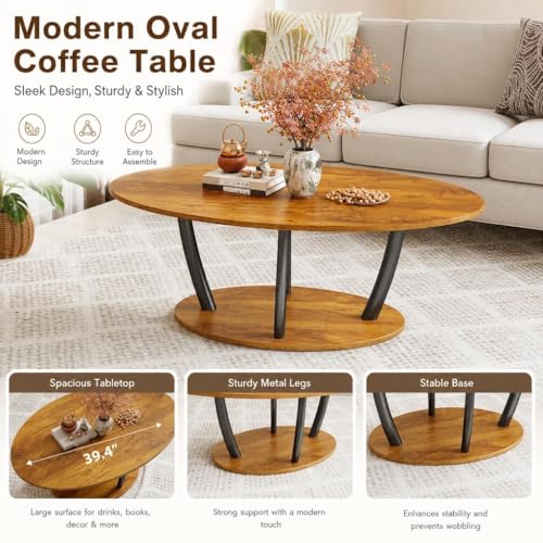 Manora Rustic Oval Coffee Table with Storage Shelf - Brown, 2-Tier Farmhouse Living Room Table
