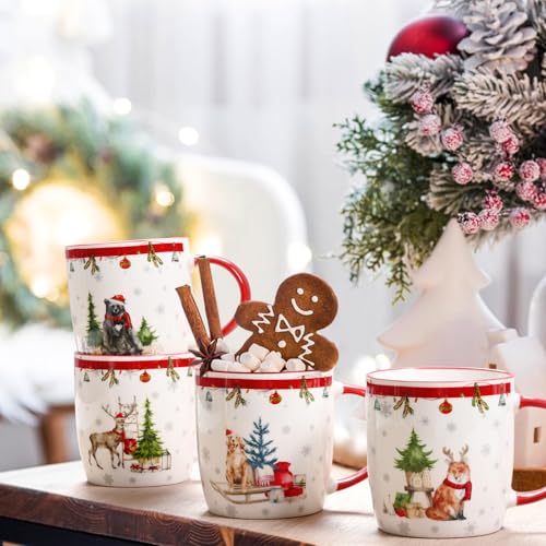 Homlouue Christmas Animal Mugs Set of 4 - Woodland Creatures Holiday Coffee Cups