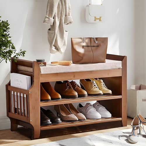 Petkaboo 31.5-Inch Bamboo Shoe Bench with Hidden Drawer & Side Holder