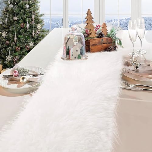 White Fur Short Table Runner 48 Inch Fluffy Dresser Cover - Tiosggd
