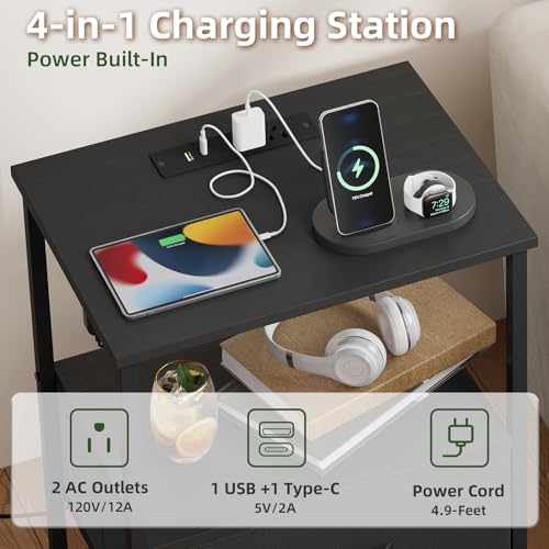 Nightstand Set of 2 with Charging Station & LED Light - Black, 11.8 x 15.7 x 23.4 inches, 1 Drawer