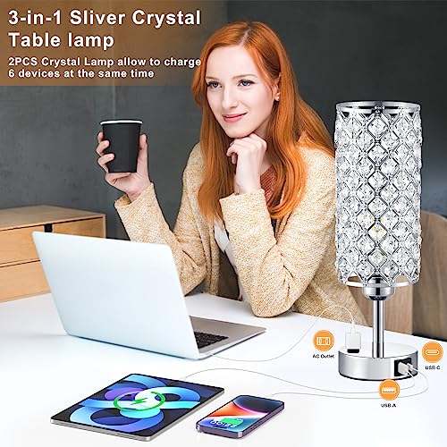 Silver Crystal Lamps Set of 2 - 3-Way Dimmable Touch Nightstand Lamps - Upgrade USB Charging