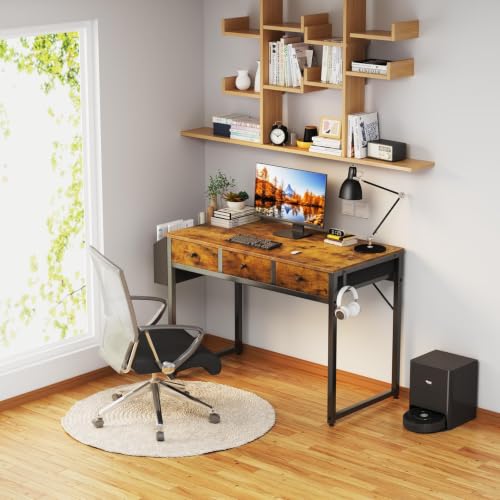 Rustic Brown 39.4 Inch Desk with Drawers - Space-Saving Home Office Writing Table