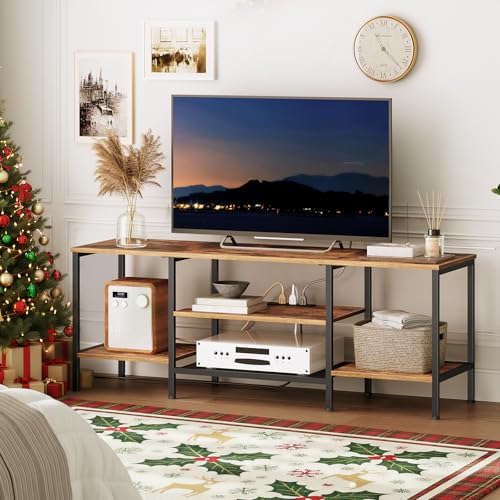 55 Inch Rustic Brown & Black TV Stand with Power Outlets, Open Shelves - Supports 65" TV