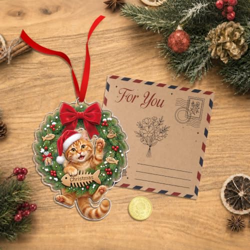WaaHome Cat-5 Orange Tabby Christmas Ornament with Santa Hat – Lightweight Acrylic Gift for Cat Lovers