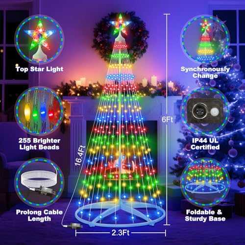 JORETLE 6ft Christmas Cone Tree Lights with 252 LEDs, Warm White & Multicolor, 11 Modes, Timer & Remote, IP65 Indoor/Outdoor
